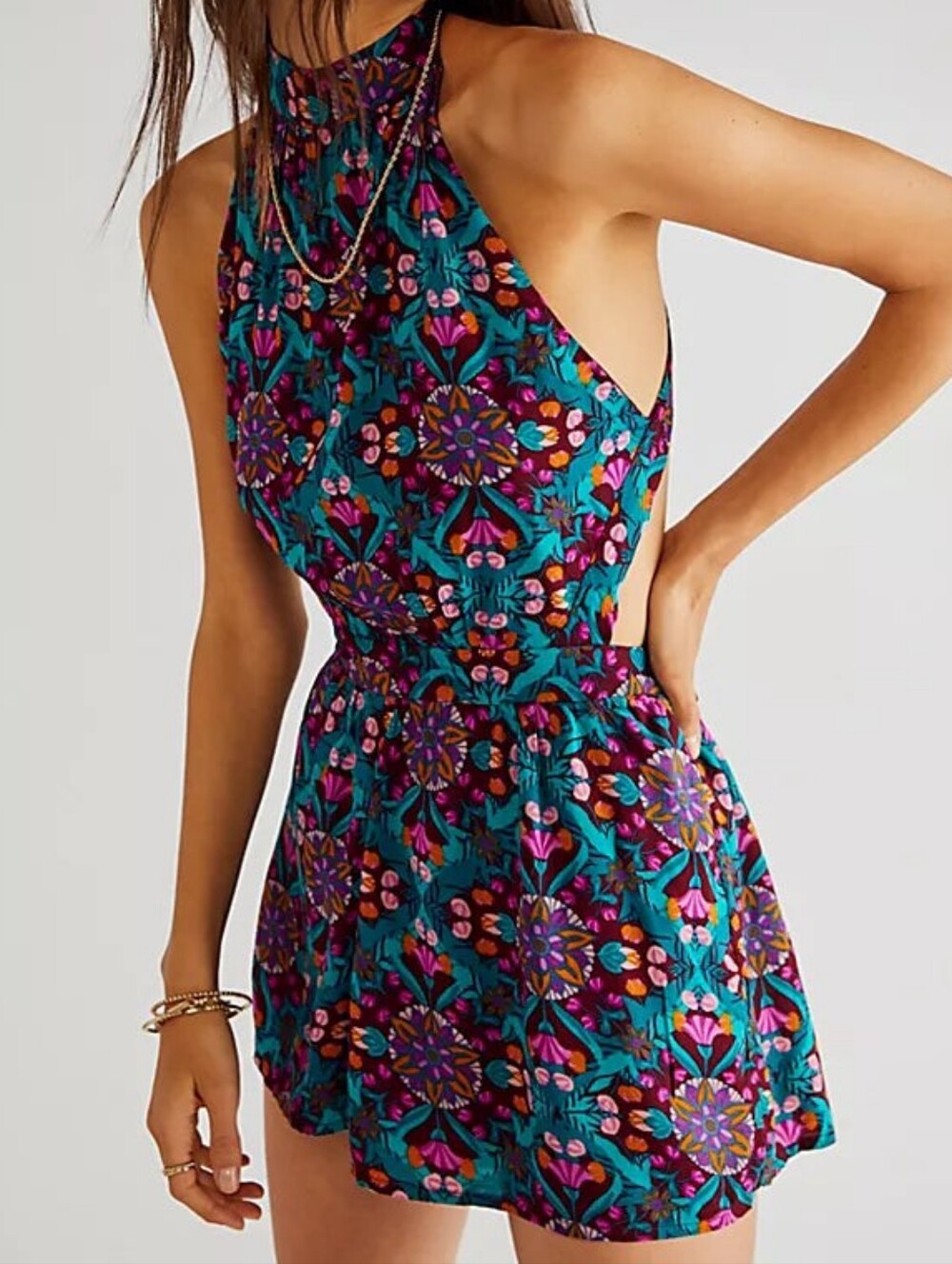 Free People Teal and Purple Floral Coral Tides Halter Mini Dress